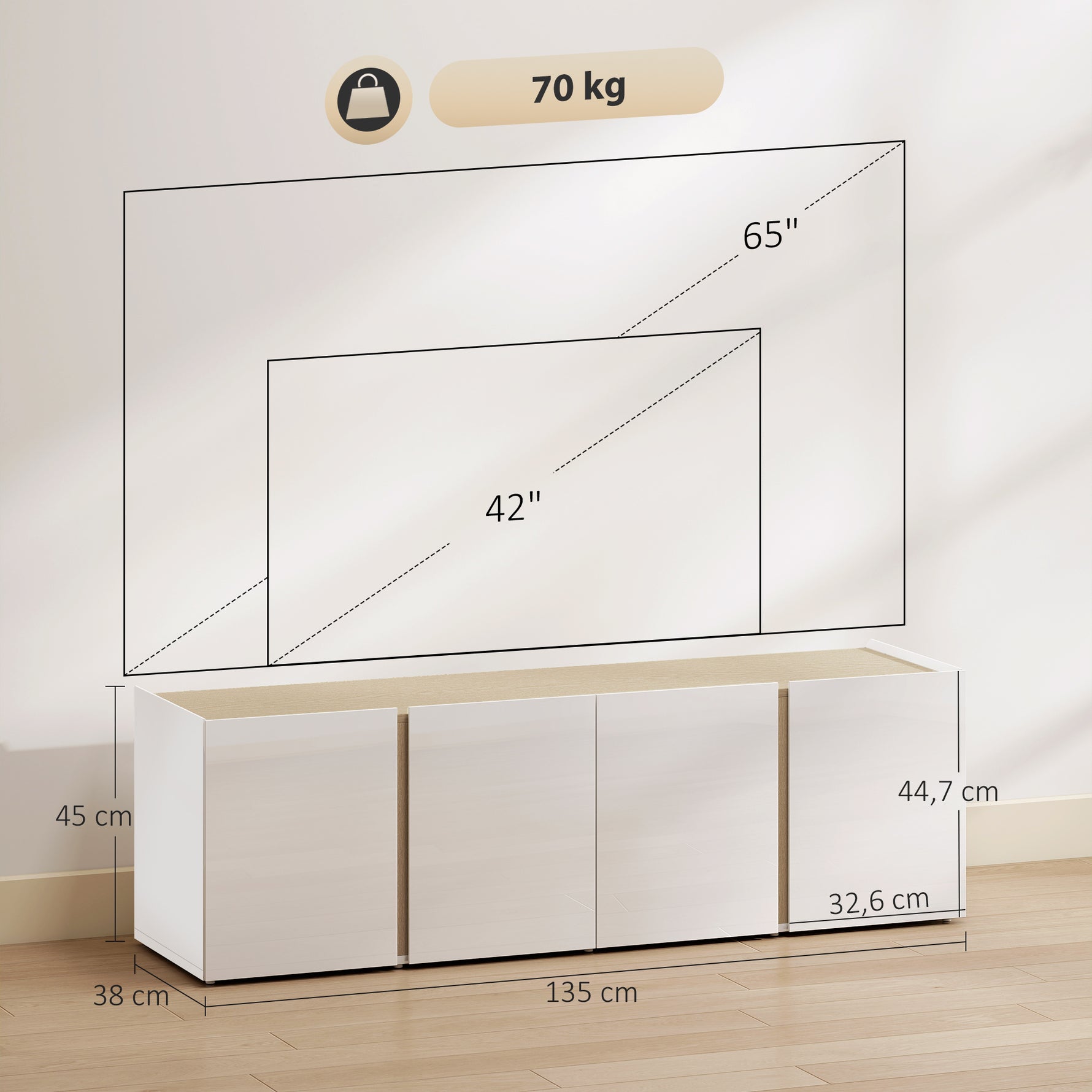Meuble TV, banc TV avec 4 portes à fermeture amortie, étagère réglable et passe-câbles, 135 x 38 x 45 cm, blanc