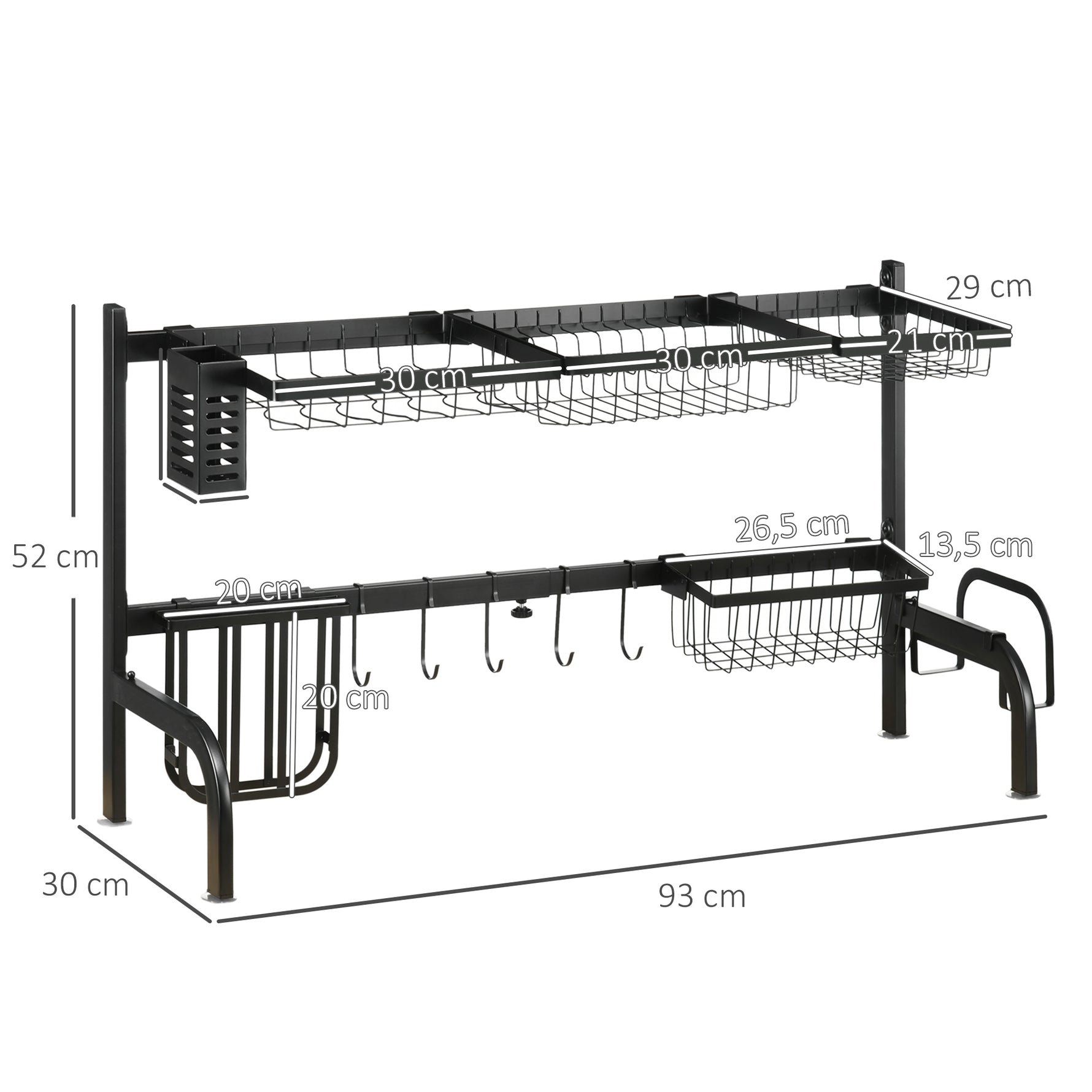 Égouttoir à vaisselle au-dessus de l'évier séchoir à vaisselle 2 niveaux, modulables en acier, 93 x 30 x 52 cm, noir