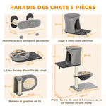 Étagères murales pour chat arbre à chat mural 5 pièces 2 niches hamac plateformes griffoirs en sisal gris
