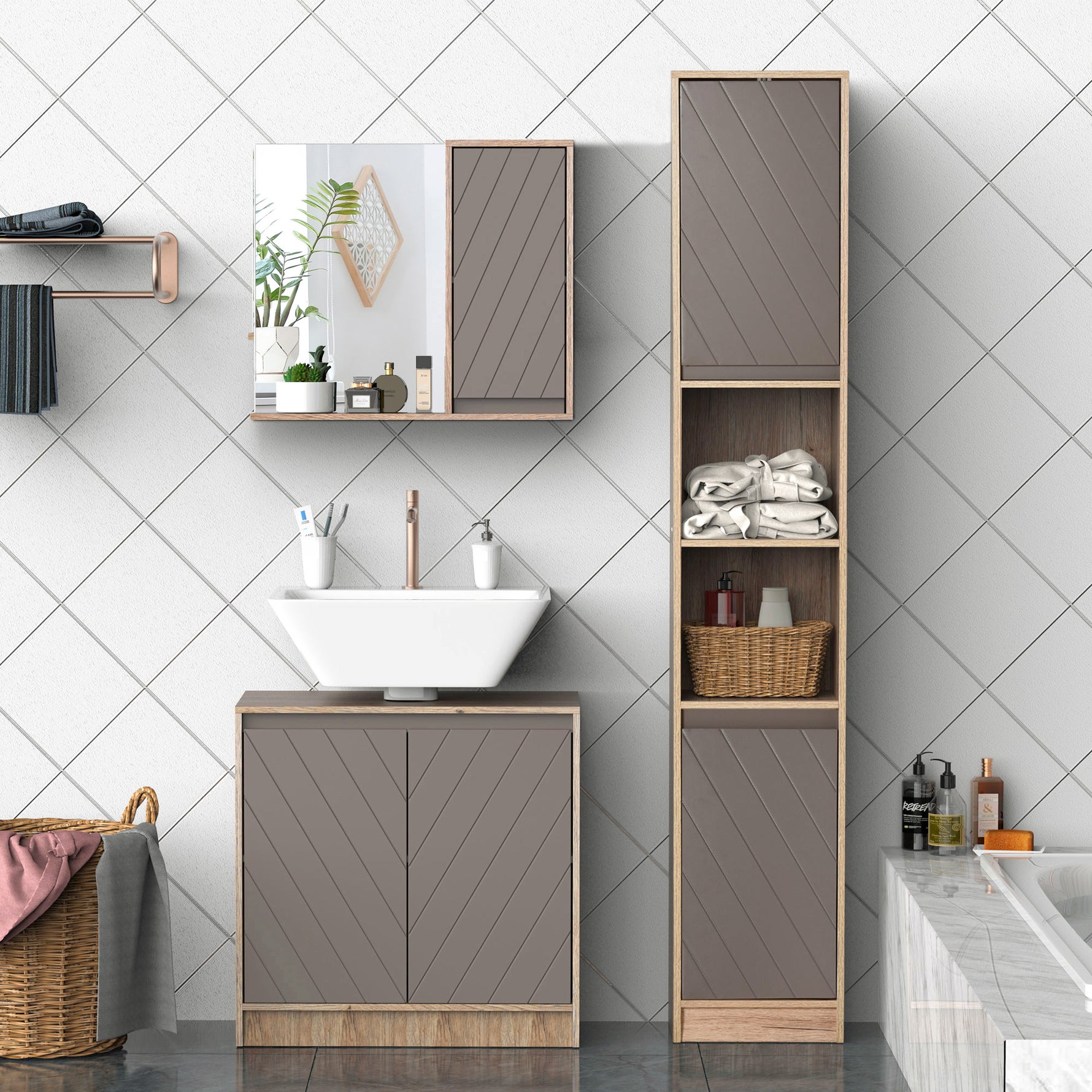 Miroir de Salle de Bain avec étagère et Placard - système Fixation intégré - Panneaux Particules chêne Clair Gris