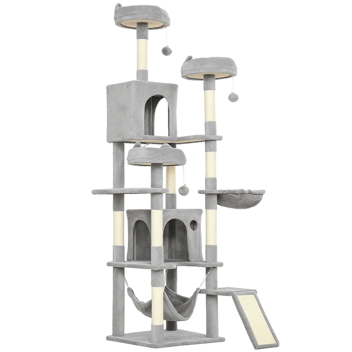Arbre à chat tour de jeux pour chat 8 poteaux à griffer 4 plateformes 2 niches  échelle et 3 boules hauteur 192 cm gris