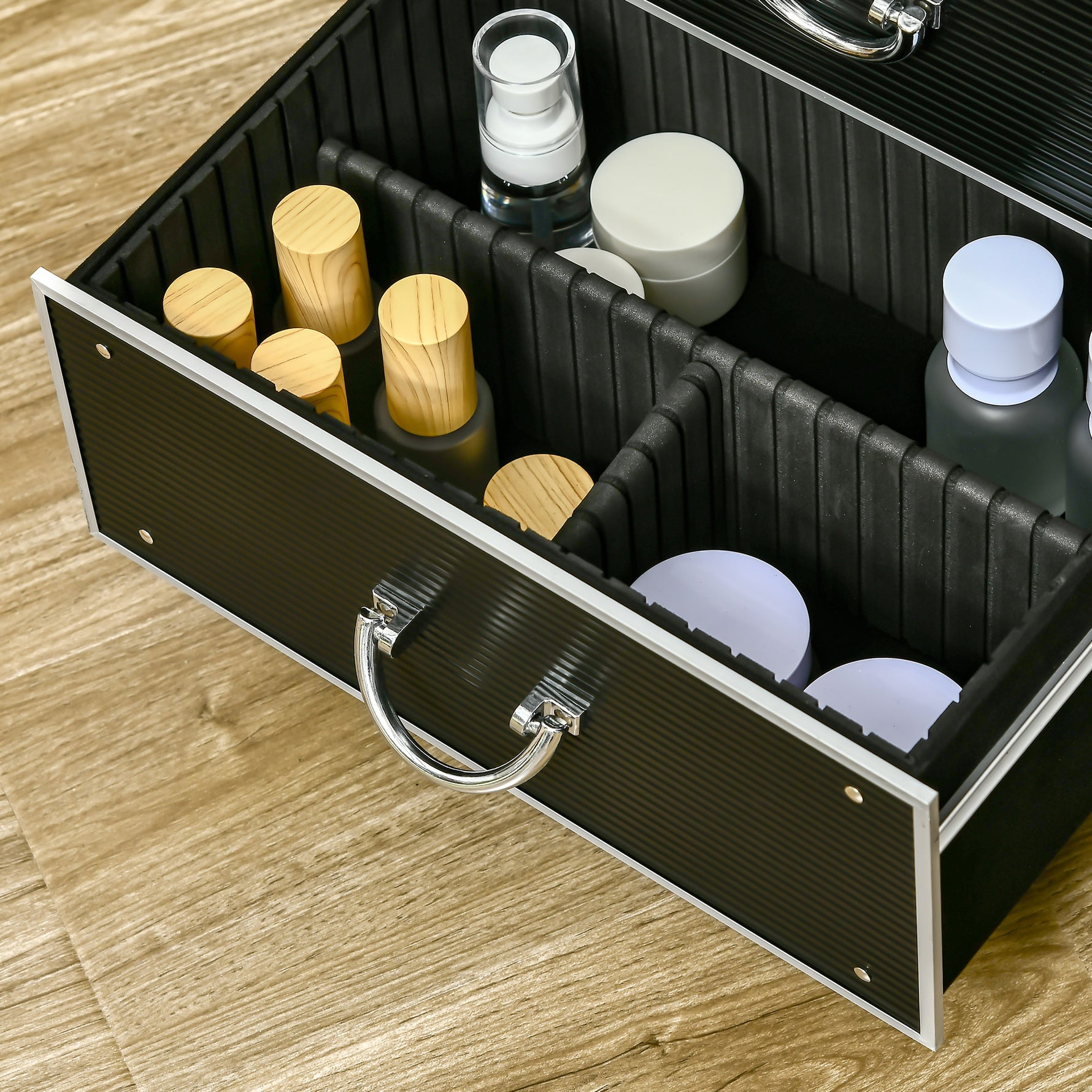 Valise trolley maquillage mallette cosmétique vanity poignée télescopique réglable 36L x 23l x 58H cm alu ABS noir