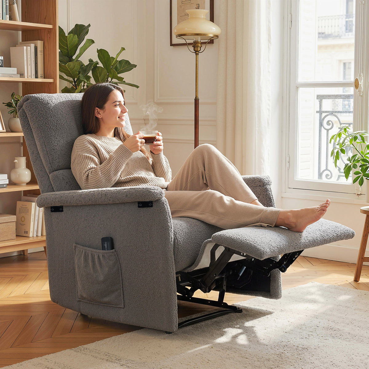 Sillón de masaje reclinable, sillón de relax, respaldo ajustable, asiento amplio, reposapiés, 69x84x99cm, gris