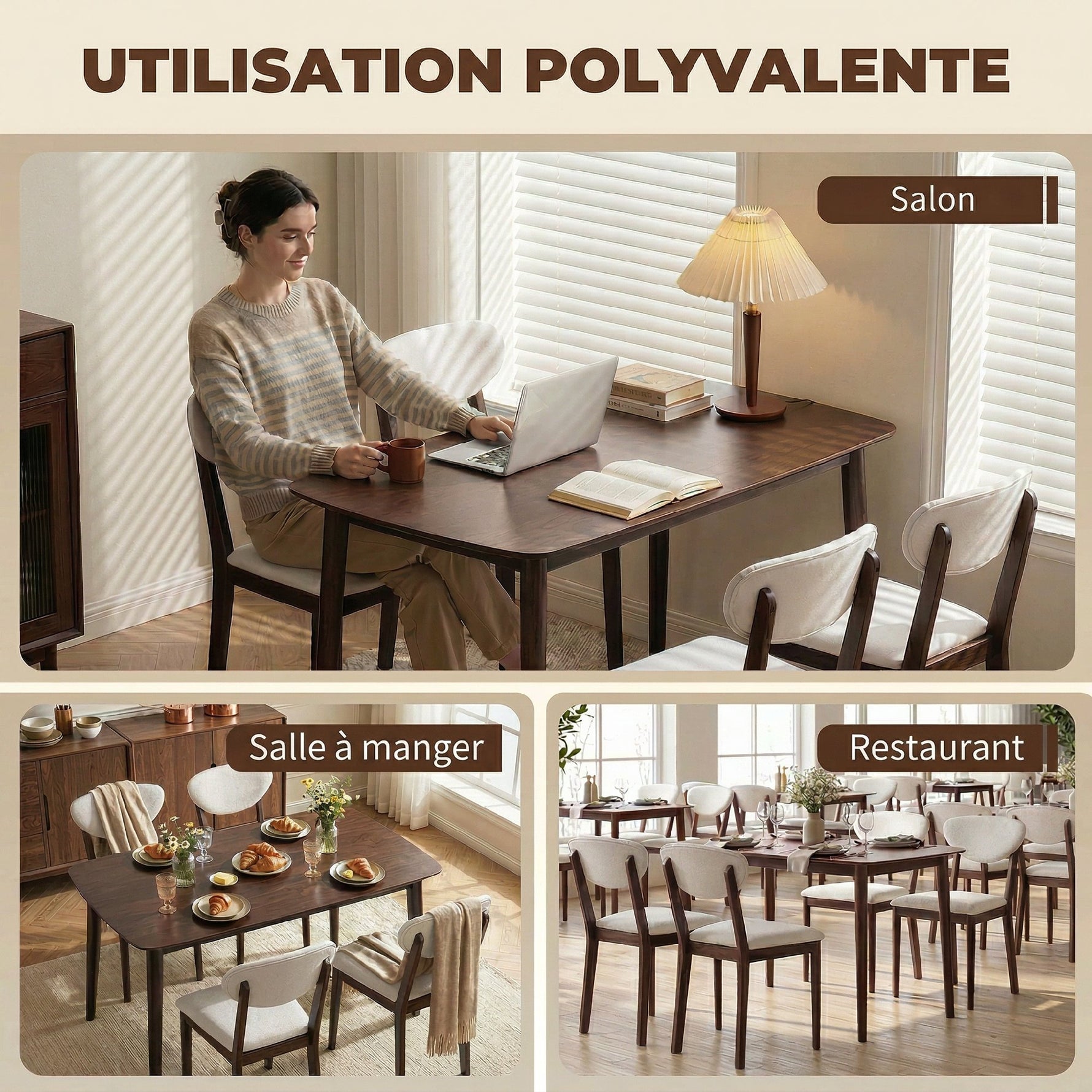 Ensemble table salle à manger avec 4 chaises table de cuisine avec chaises 4 personnes assise rembourrée noyer crème