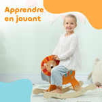 Cheval à bascule pour enfants, lion jouet à bascule bébé en bois avec guidon et base stable, 59 x 27 x 43 cm, orange