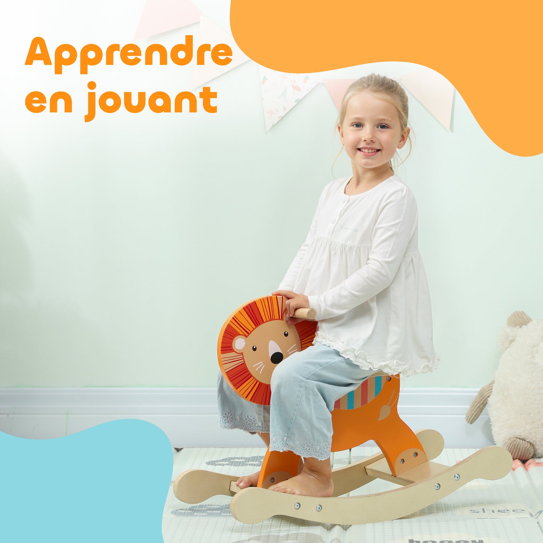 Cheval à bascule pour enfants, lion jouet à bascule bébé en bois avec guidon et base stable, 59 x 27 x 43 cm, orange