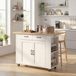 Isola da Cucina con Stazione di Ricarica, Carrello da Cucina con Ruote con Piano di Lavoro Pieghevole, 2 Cassetti, Bianco