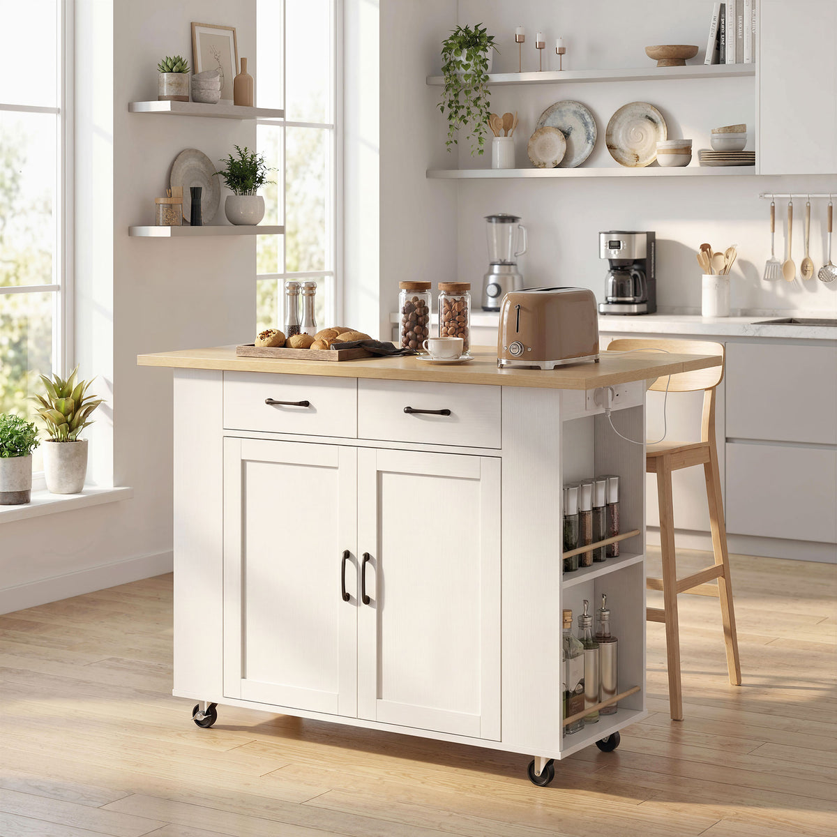 Isola da Cucina con Stazione di Ricarica, Carrello da Cucina con Ruote con Piano di Lavoro Pieghevole, 2 Cassetti, Bianco