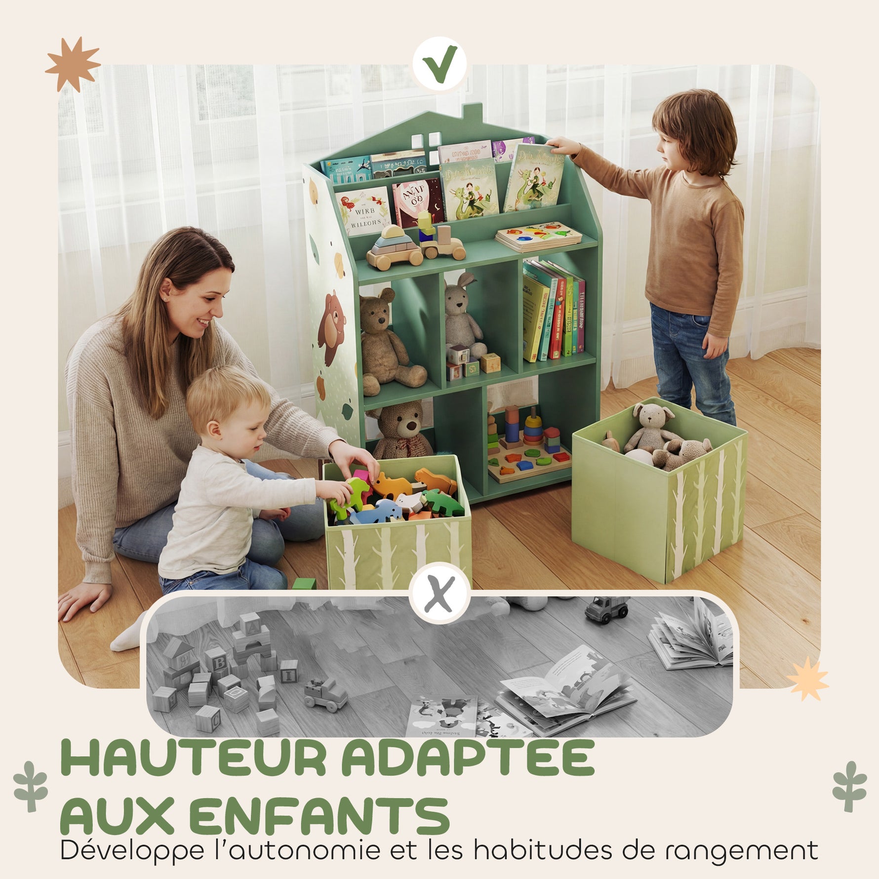 Meuble rangement enfant, bibliothèque enfants avec étagères ouvertes et 2 tiroirs en tissu, MDF, vert
