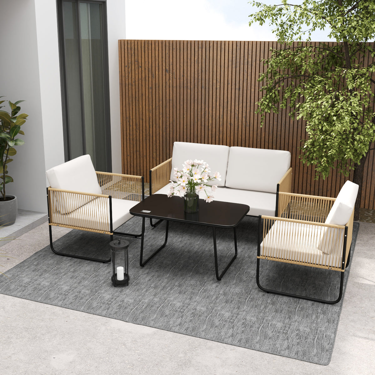 Conjunto de jardín de 4 piezas con sofá de 2 plazas, 2 sillones, 1 mesa de centro de cristal y cojines – blanco crema
