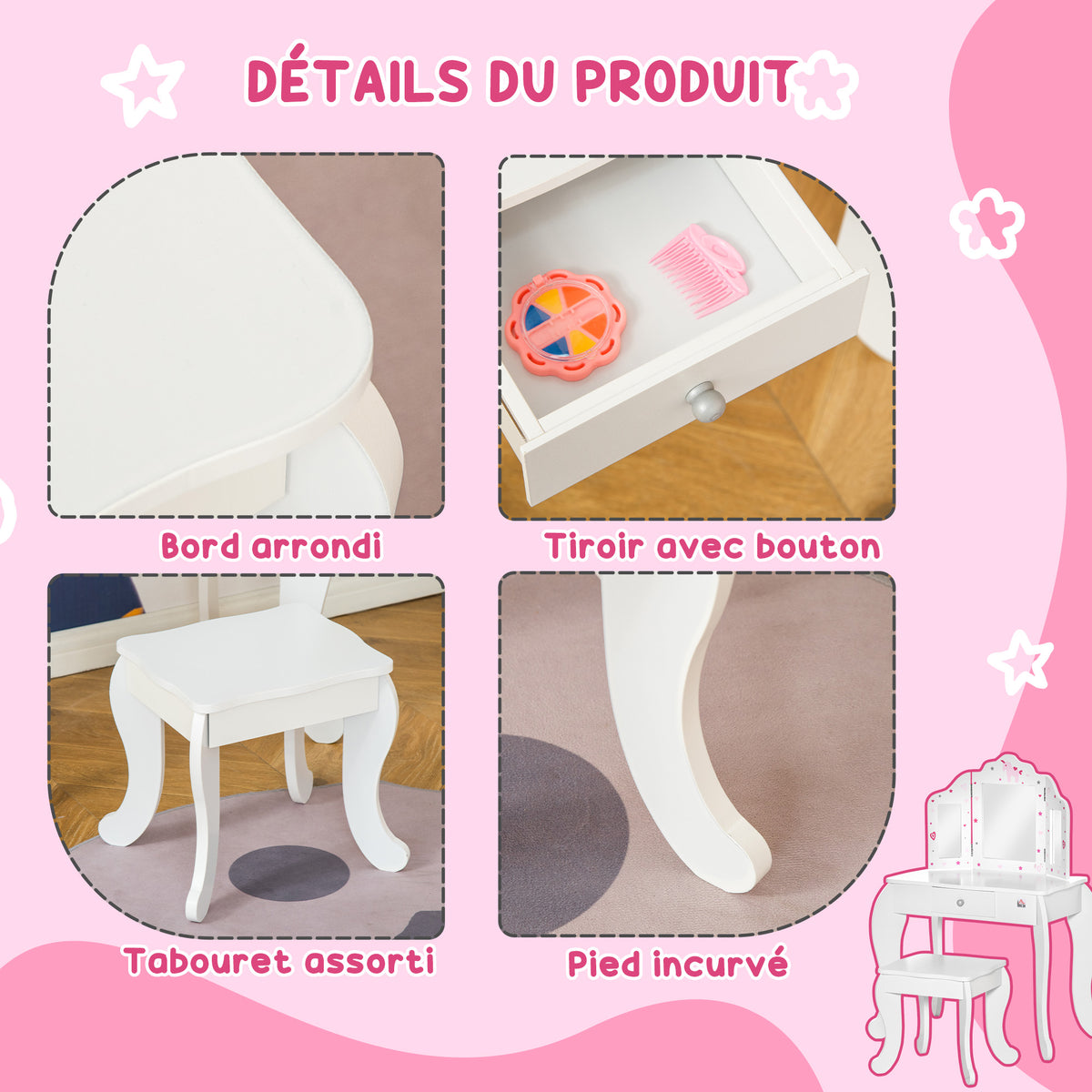 Coiffeuse Enfant avec Tabouret, Miroir triptyque et tiroir Coulissant - Coiffeuse dim. 63L x 40l x 85,5H cm