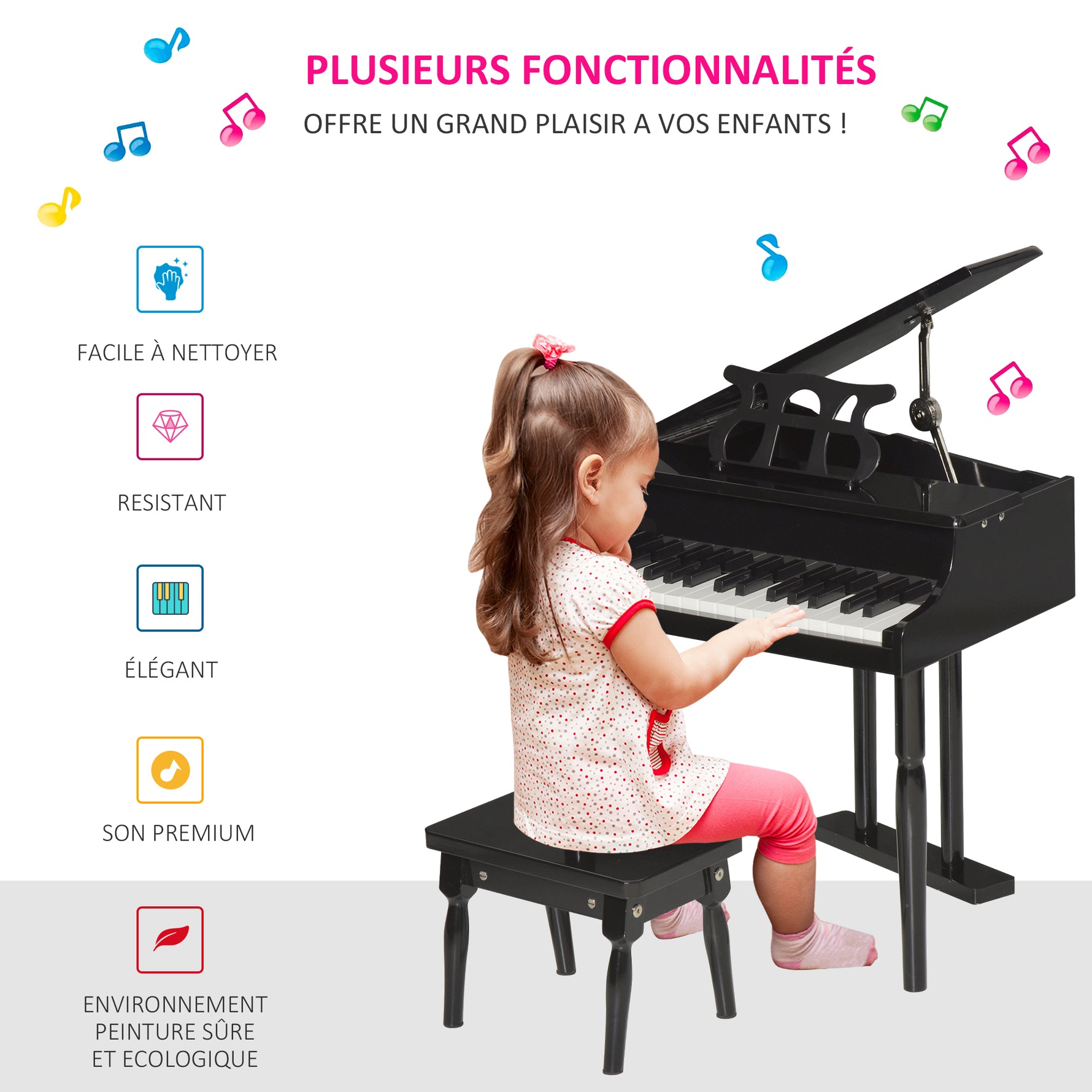 Piano à queue enfant en bois Piano enfant clavier de piano 30 touches - tabouret et pupitre inlus - Instrument de Musique - MDF noir