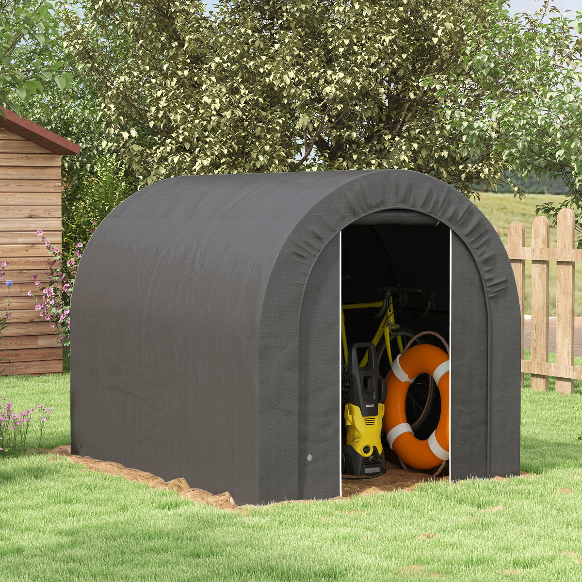 Lorategiko etxola, kanpoko biltegiratze-tenda, bizikleta-tokia, bizikleta-garajea, PE estalkia, metalezkoa, 2,4 x 1,8 x 1,9 m, gris iluna