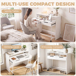 Bureau d'Ordinateur Extensible 100 cm avec 2 Tiroirs, Bureau avec Rangement, Style Moderne, Blanc