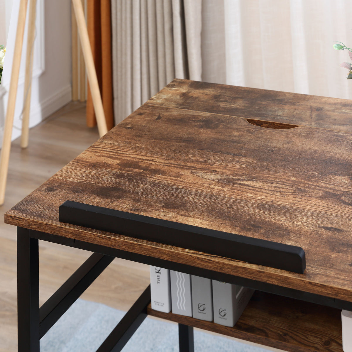 Table à dessin inclinable bureau informatique design industriel - plateau relevable, étagère - panneaux particules aspect vieux bois métal noir