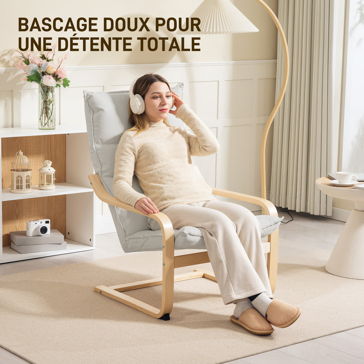 Fauteuil salon fauteuil de loisirs moderne fauteuil chambre avec accoudoirs incurvés, coussins, 67 x 83 x 105 cm, crème