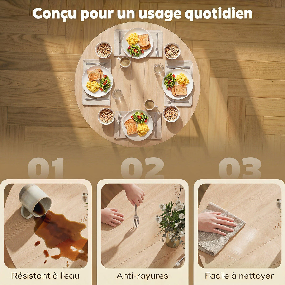 Tavolo da pranzo pieghevole, tavolo da cucina rotondo Ø 80 cm per 4 persone con 2 ribalte, gambe in acciaio, legno naturale
