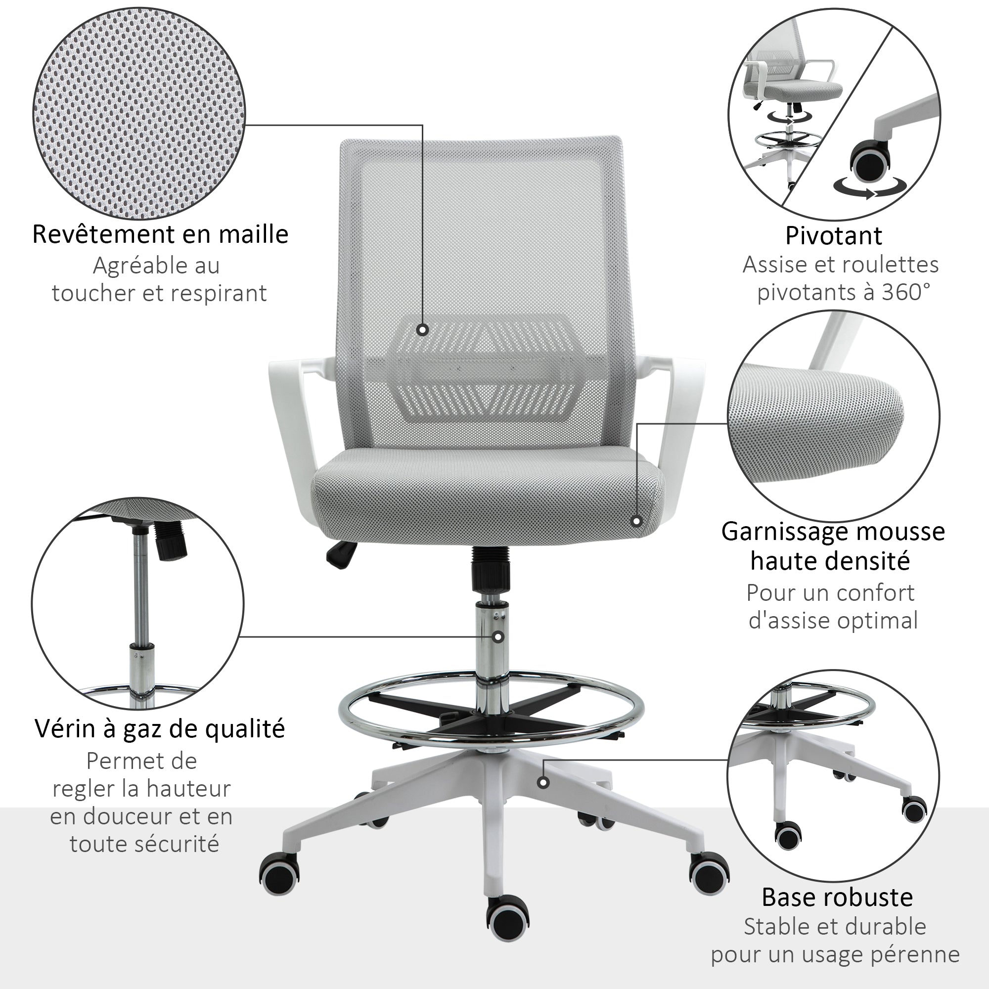 Lot de 2 fauteuils de bureau chaise de bureau assise haute réglable dim. 64L x 60l x 106-126H cm pivotant 360° maille