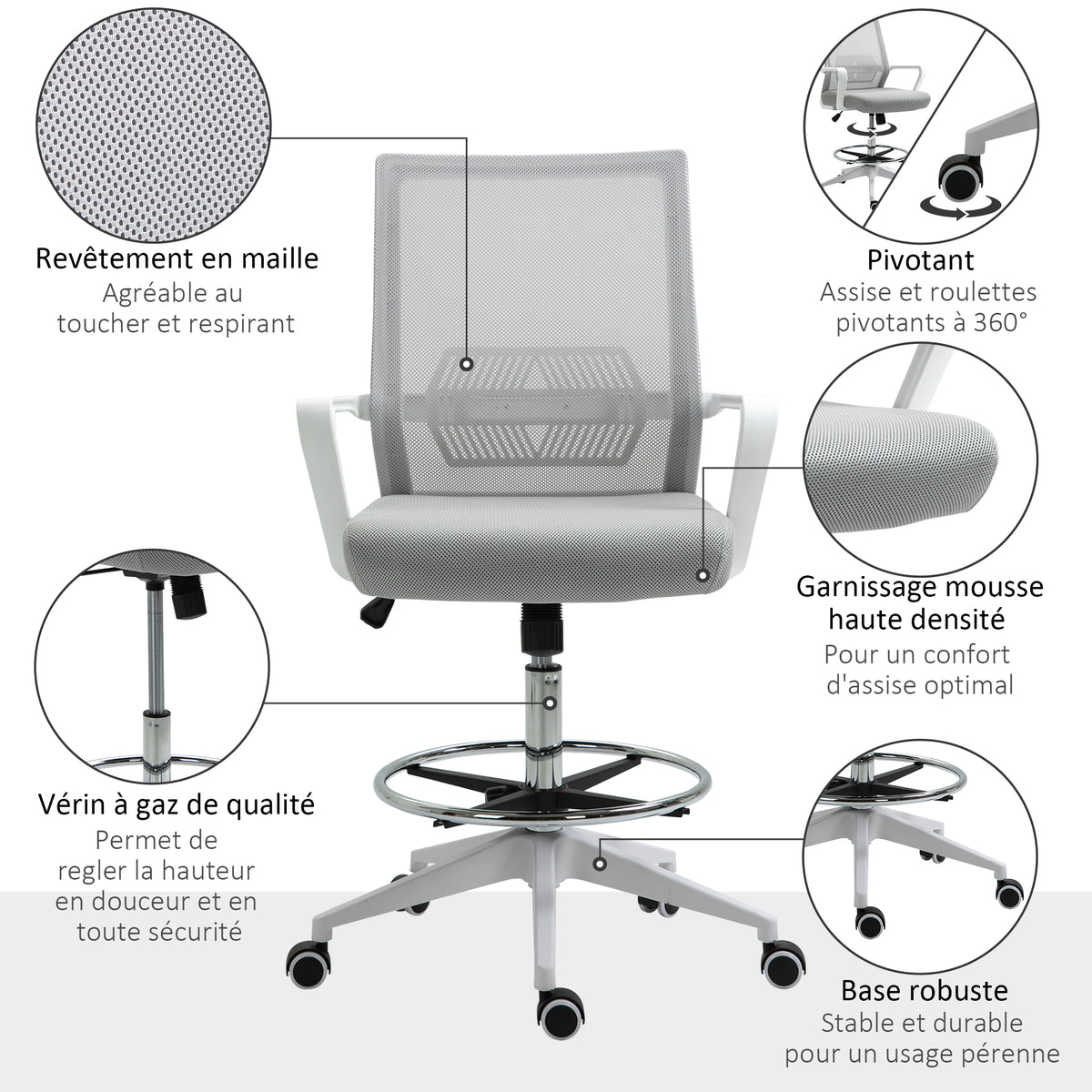 Lot de 2 fauteuils de bureau chaise de bureau assise haute réglable dim. 64L x 60l x 106-126H cm pivotant 360° maille