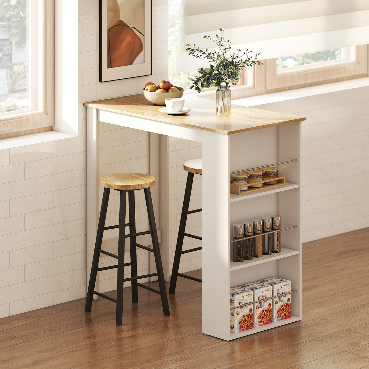 Table de bar table haute de cuisine mange-debout comptoir 112L x 57l x 106H cm - 3 étagères - aspect chêne clair blanc