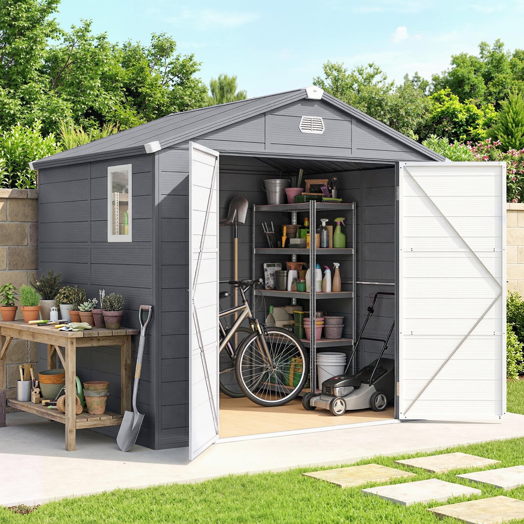 Abri de jardin en résine 4,56 m² avec kit de fondation galvanisé structure en aluminium 240 x 190 x 228 cm gris foncé