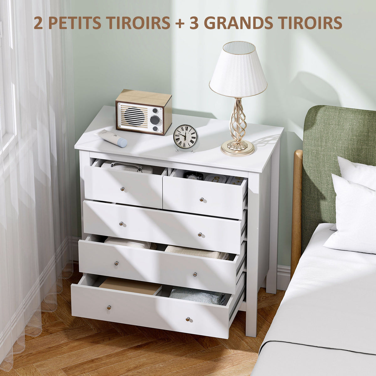 Commode à 5 tiroirs, meuble de rangement, avec poignées, glissières métalliques,  en bois, 79l x 39,5P x 80,5H cm, blanc