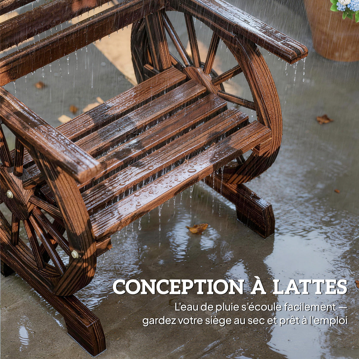 Chaise de Jardin en Bois, Style Roue de Chariot, Siège Large à Lattes, Dossier Incliné, 66x55x90cm, Finition Carbonisée