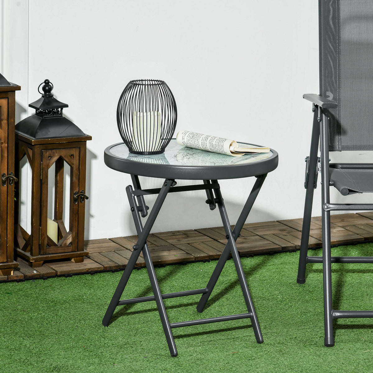 Table basse pliante table d'appoint pliante plateau effet marbre en verre trempé structure métal ronde Ø45 x 50 cm blanc