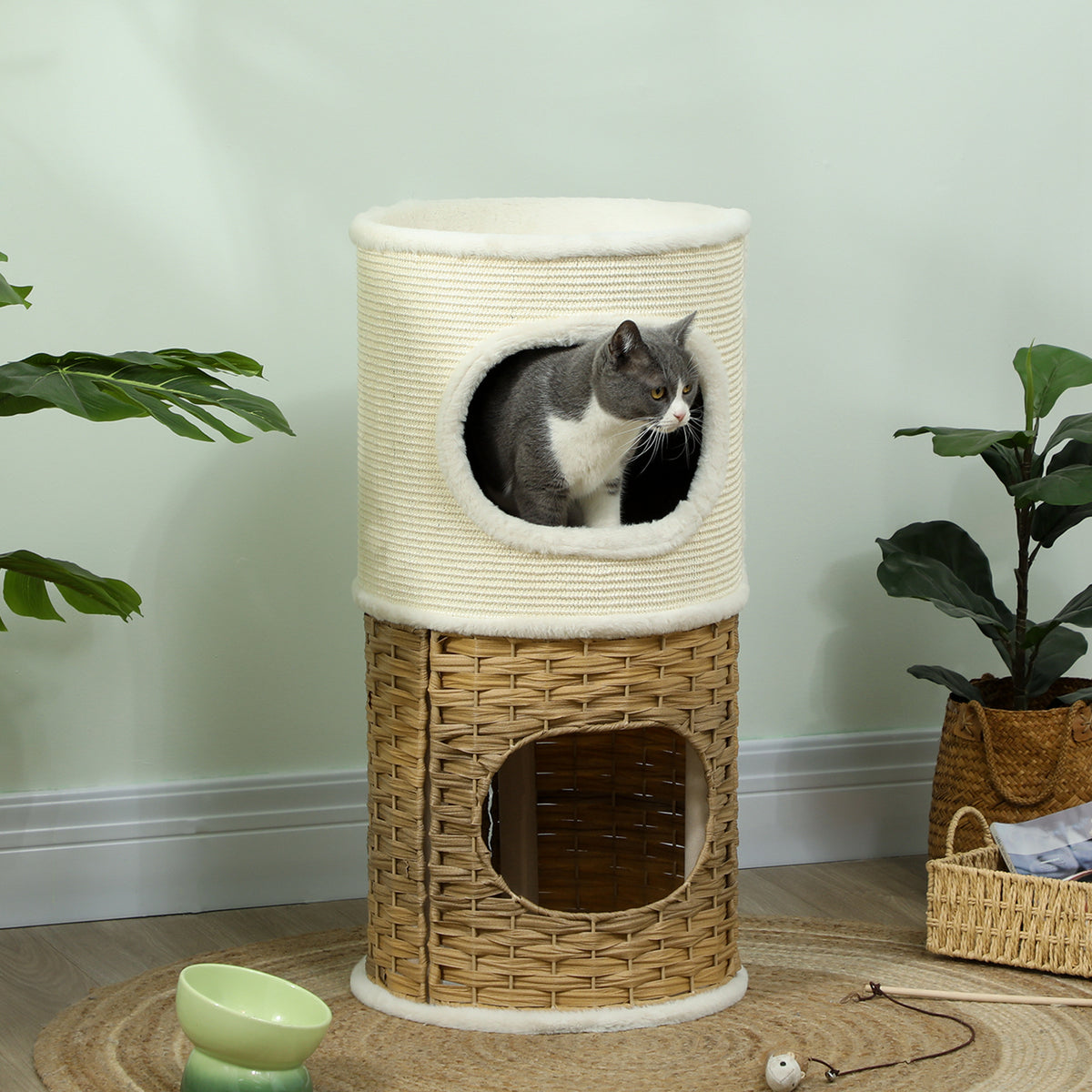 3-laagse binnenkattenmand, kattentoren met sisal krabpaal Ø 40 x 80 cm, crème