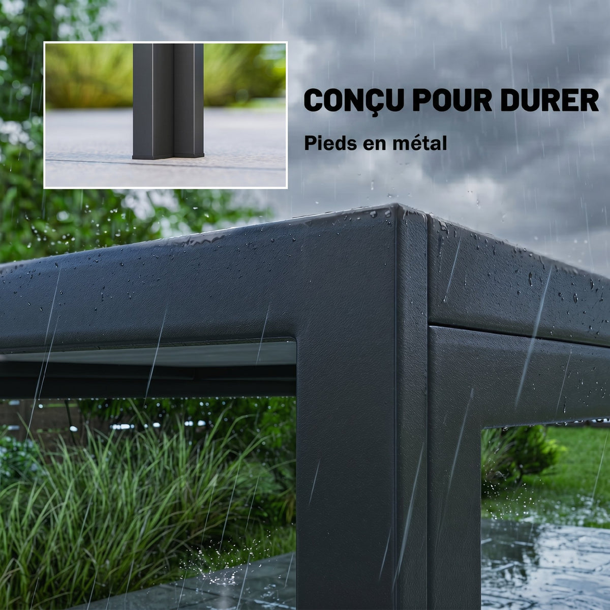 Table de jardin pour 4 à 6 personnes, table à manger extérieure avec plateau à effet bois, 150 x 80 x 74 cm, gris