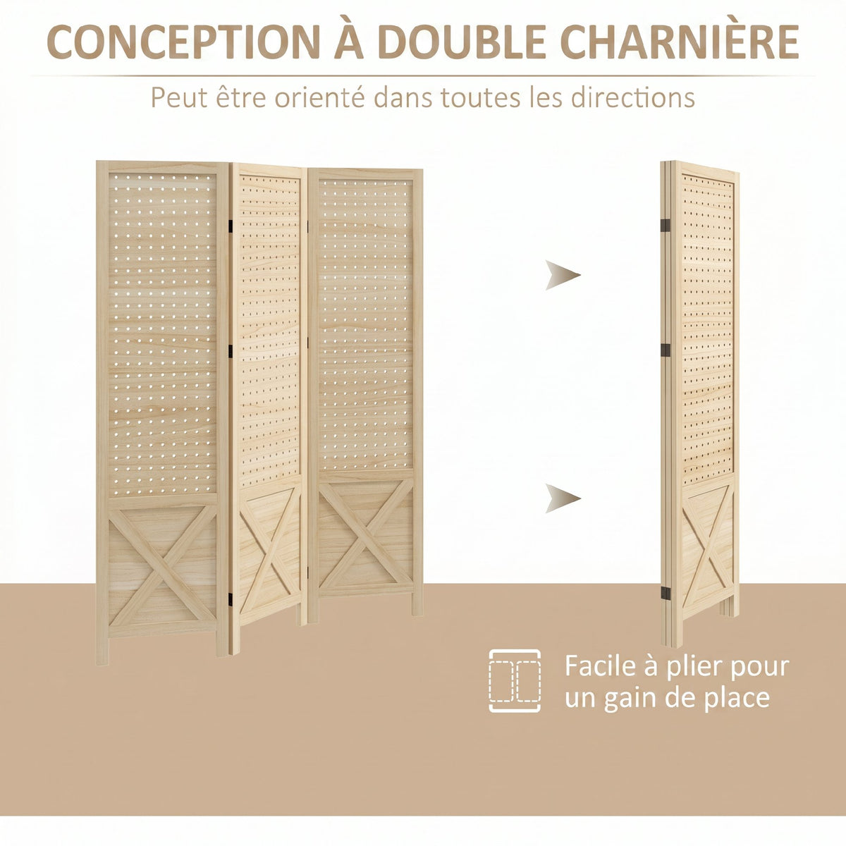 Paravent intérieur en bois 3 panneaux séparateur de pièce pliable panneau perforé 114 x 1,7 x 144,5 cm bois naturel