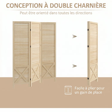 Paravent intérieur en bois 3 panneaux séparateur de pièce pliable panneau perforé 114 x 1,7 x 144,5 cm bois naturel