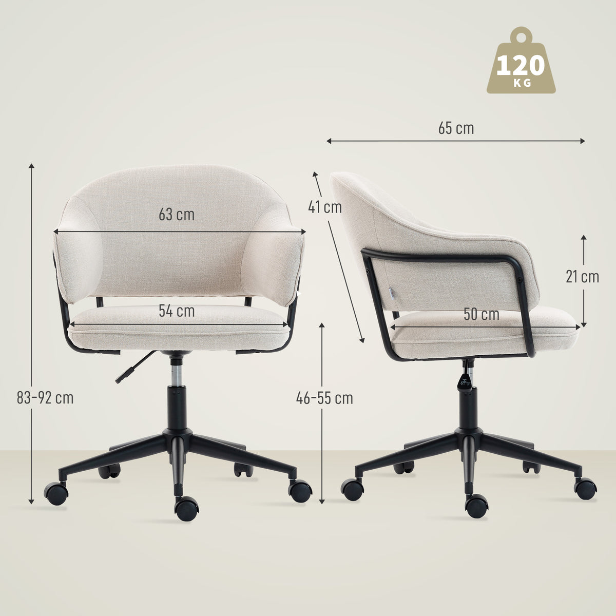 Chaise bureau ergonomique, fauteuil de bureau avec hauteur réglable, pivotant 360°, 63 x 65 x 83-92 cm, crème