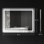 Miroir salle de bain LED bluetooth 60 x 80 cm interrupteur tactile lumière réglable 3 couleurs anti-buée mémoire argent