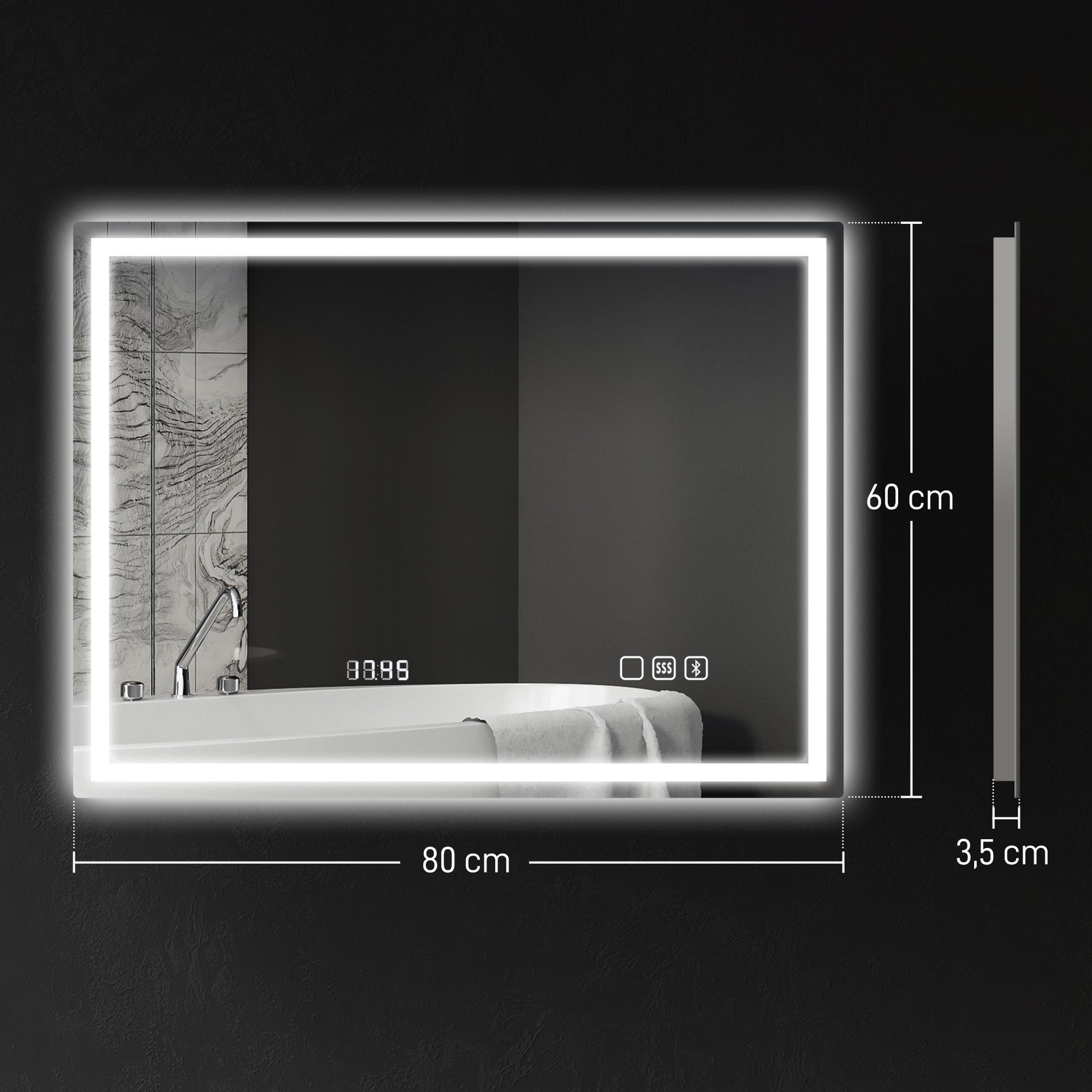 Miroir salle de bain LED bluetooth 60 x 80 cm interrupteur tactile lumière réglable 3 couleurs anti-buée mémoire argent