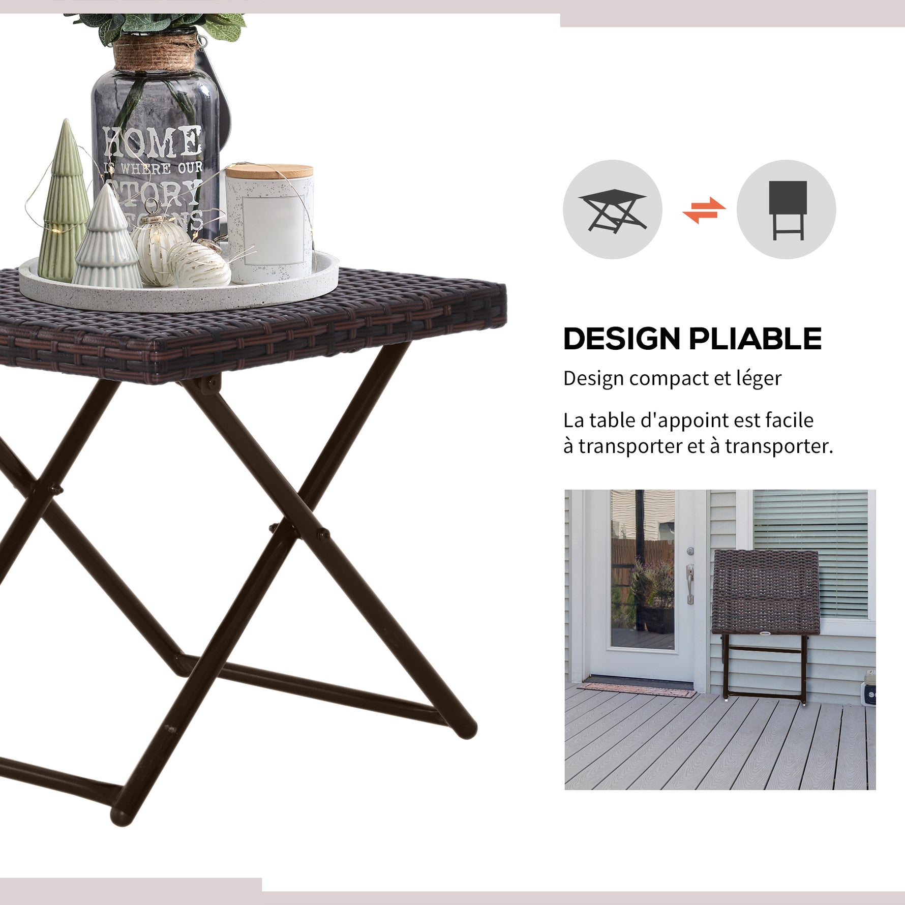 Table basse pliable de jardin style cosy chic dim. 40L x 40l x 40H cm acier résine tressée imitation rotin marron