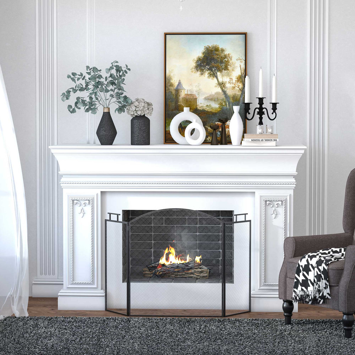 Pare-feu pour cheminée ou poêle - Pare-étincelles 3 Volets Pliables - dim. 110l x 24P x 76,5H cm - Acier métal Noir-9