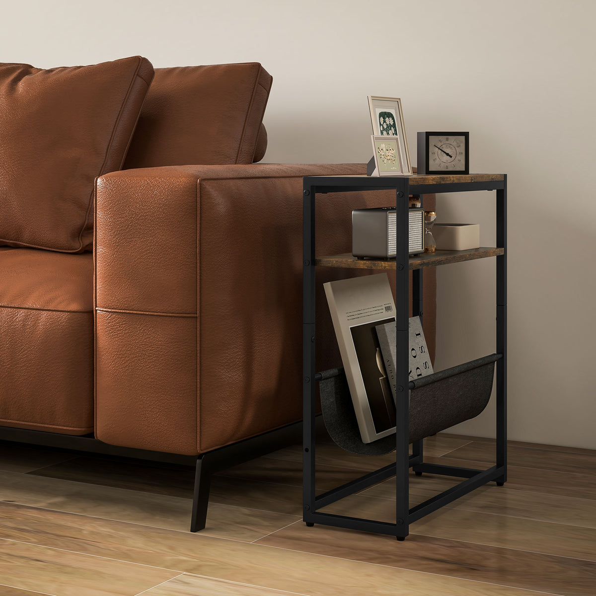 Tavolino da divano con ripiano e portariviste struttura in acciaio design industriale - 43L x 18P x 56A cm