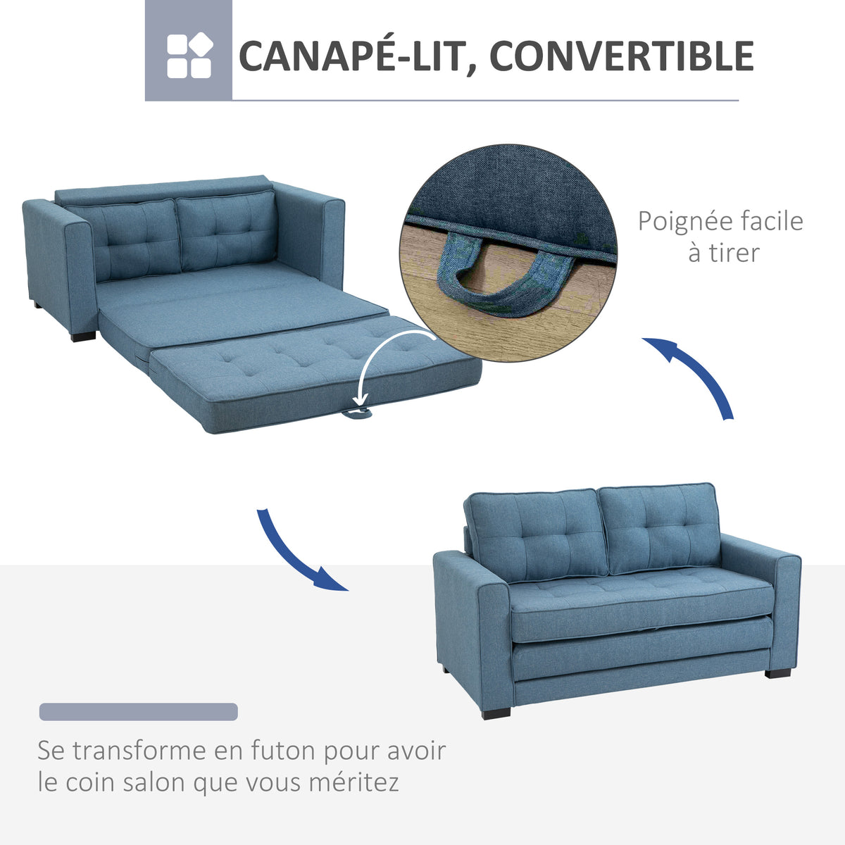 Canapé droit convertible 2 places - dossier capitonné - 147,5 x 75 x 85 cm - bleu