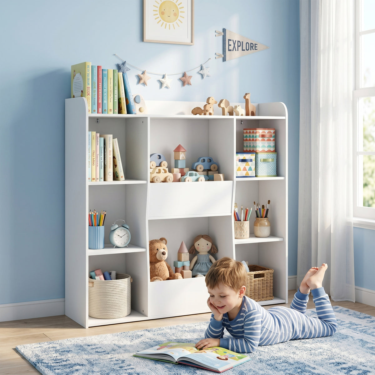 Meuble rangement enfant, bibliothèque enfants avec 8 compartiments et étagère supérieure, 104 x 29 x 101,5 cm, blanc