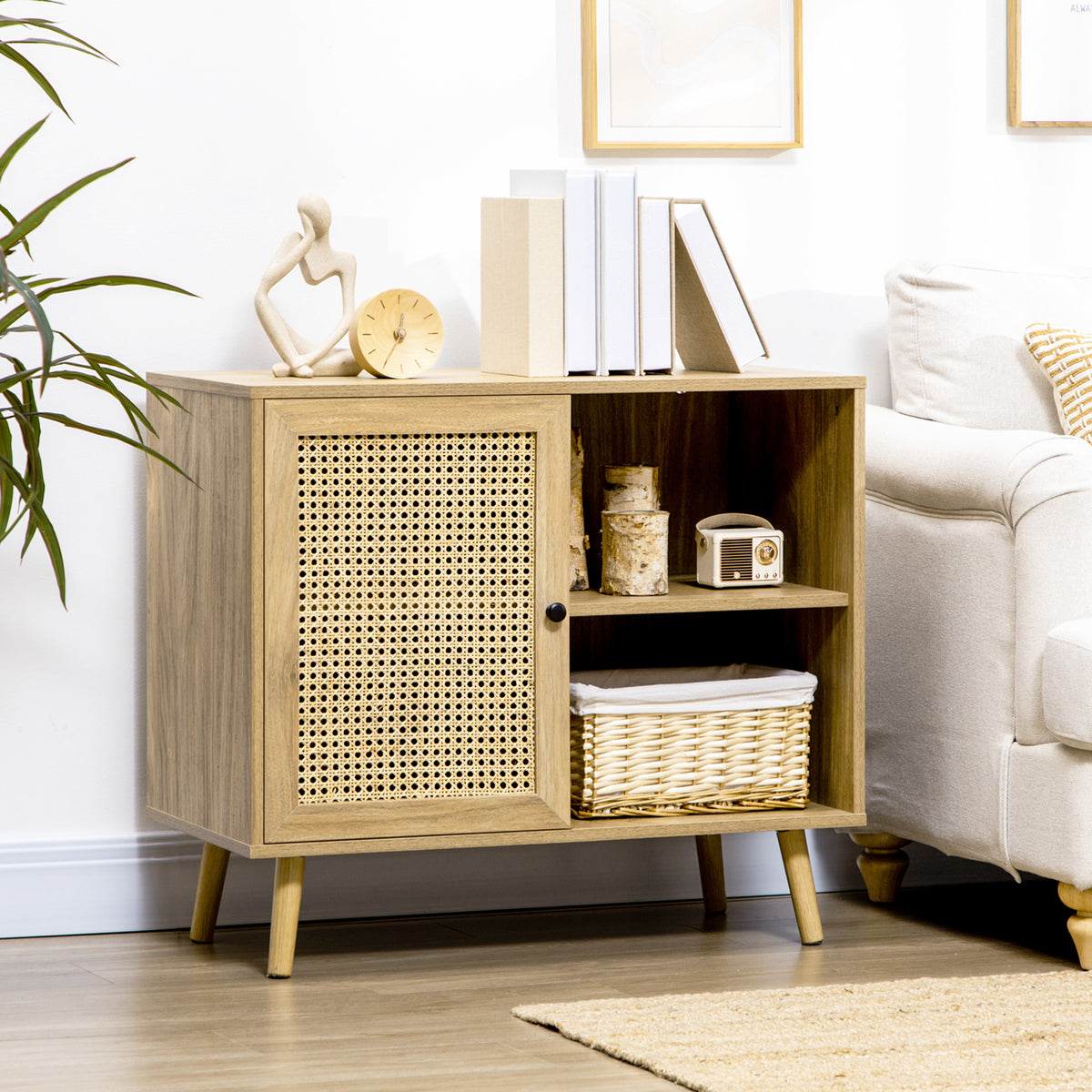 Meuble de rangement buffet 1 porte cannage effet bois - dim. 80L x 39l x 70H cm