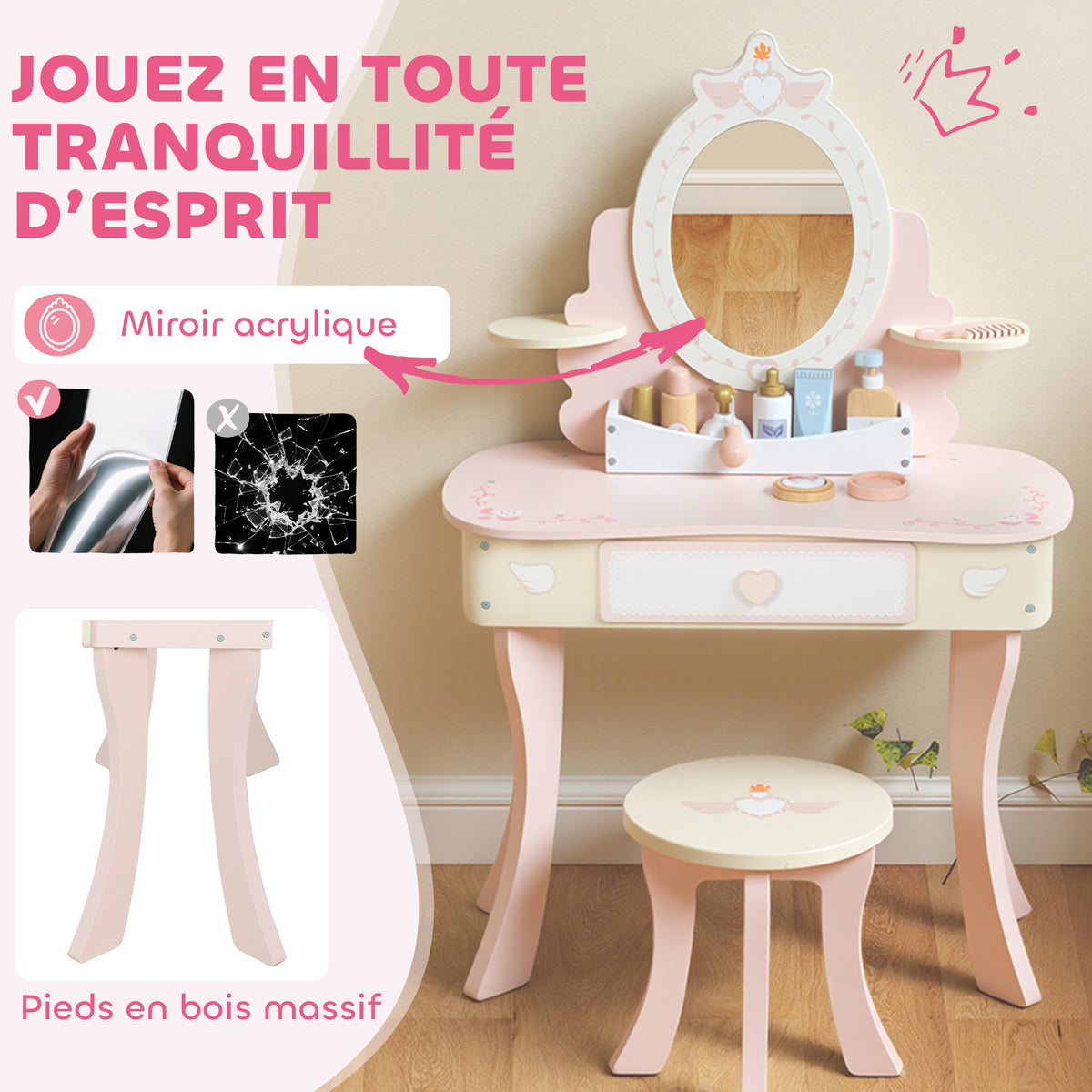 Coiffeuse enfant fille table de maquillage 2 en 1 avec 7 accessoires de jeu miroir en acrylique 59,8x29,6x89,8cm rose