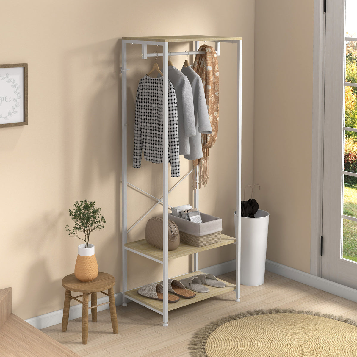Coat rack with hanging rail and 2 shoe shelves 60L x 40W x 167.5H cm Light wood look White metal