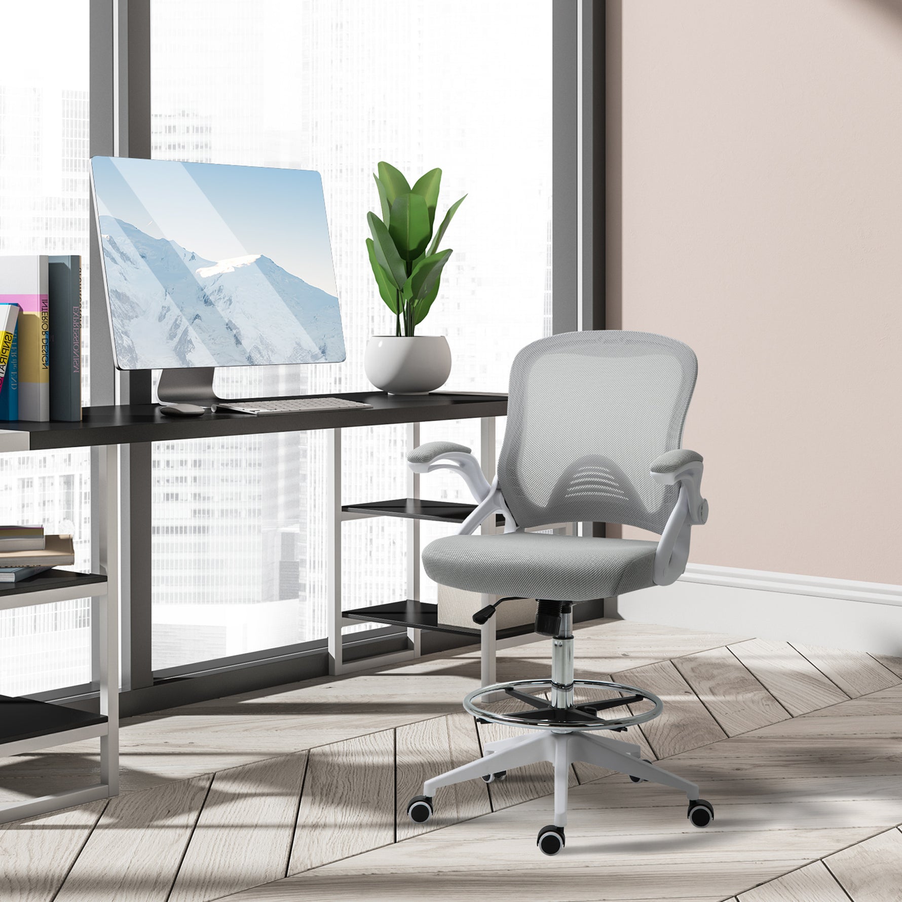 Fauteuil de bureau chaise de bureau assise debout hauteur réglable repose-pieds gris et blanc