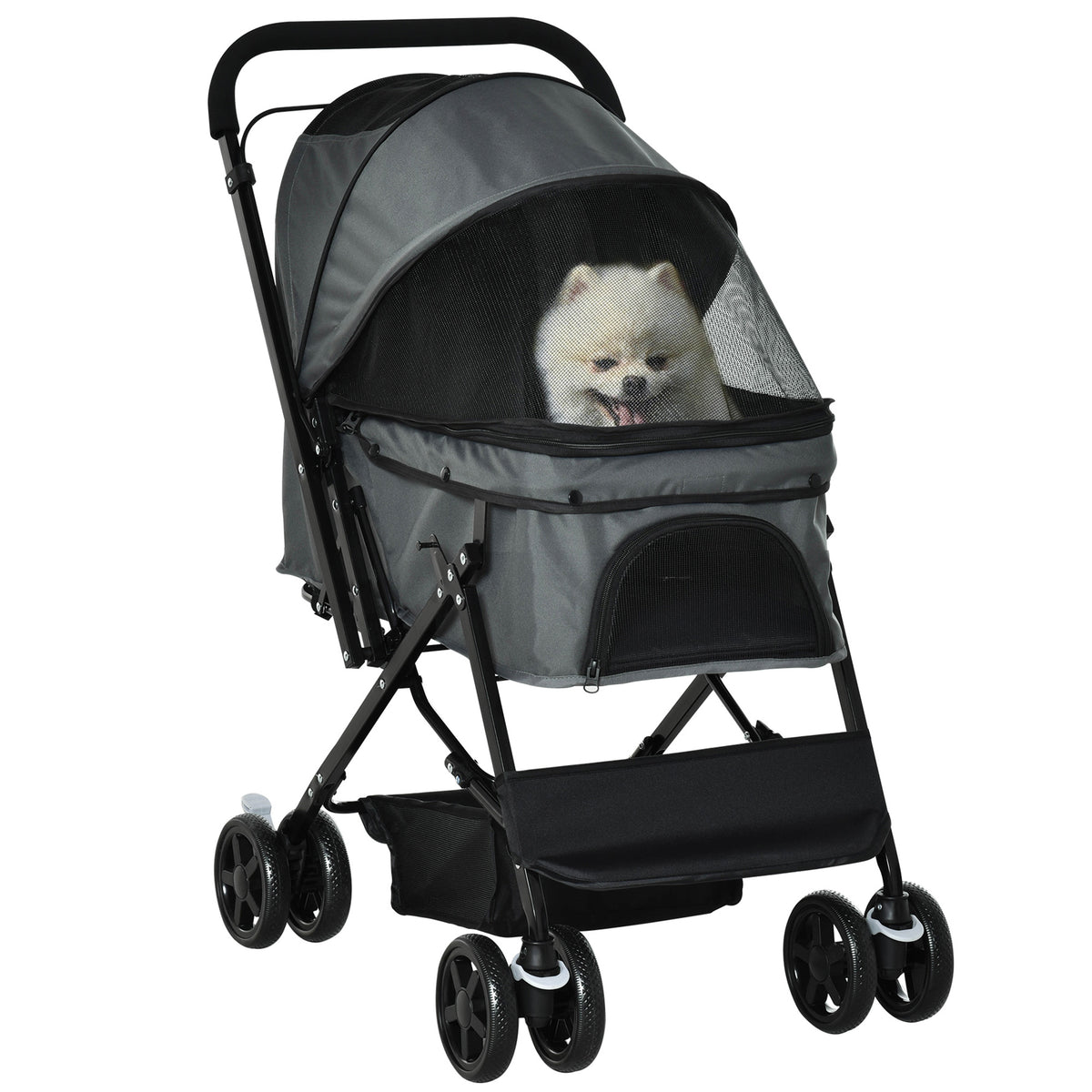 Cochecito plegable para perros y mascotas, 4 ruedas de EVA, manillar ajustable, cesta, 76,5 x 52 x 95 cm
