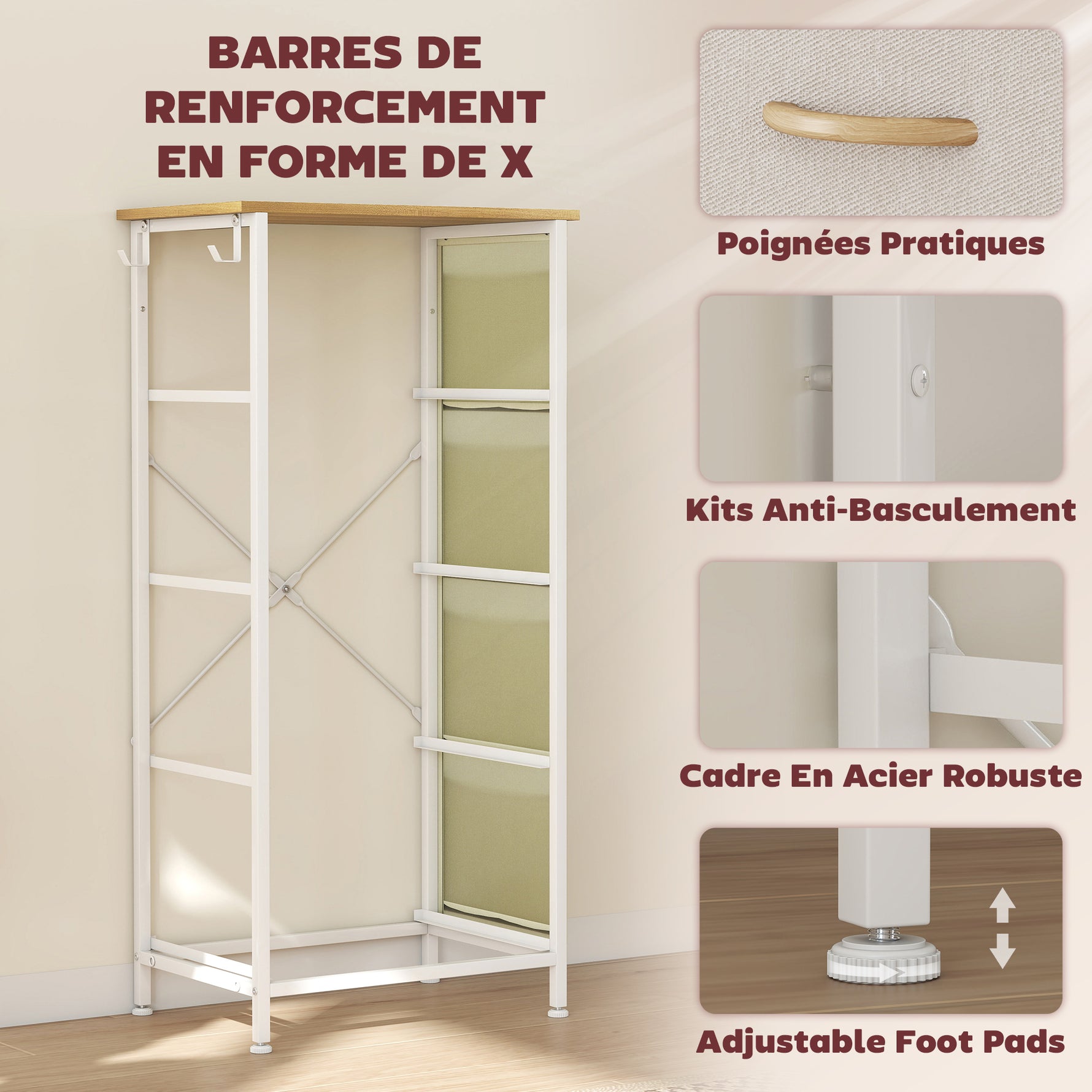 Commode 4 tiroirs en tissu, meuble de rangement avec 4 poches, 2 crochets, structure en acier, 45 x 30 x 94,5 cm, beige