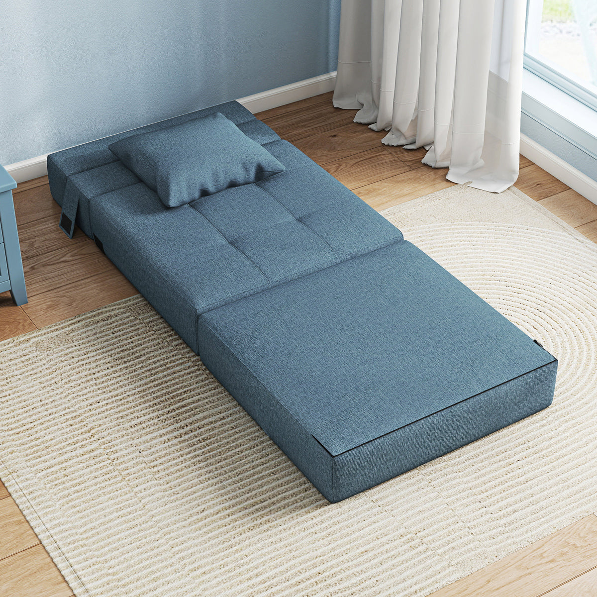 Convertible sofa bed armchair, 1-seater with 1 removable cushion cover, dark blue fabric