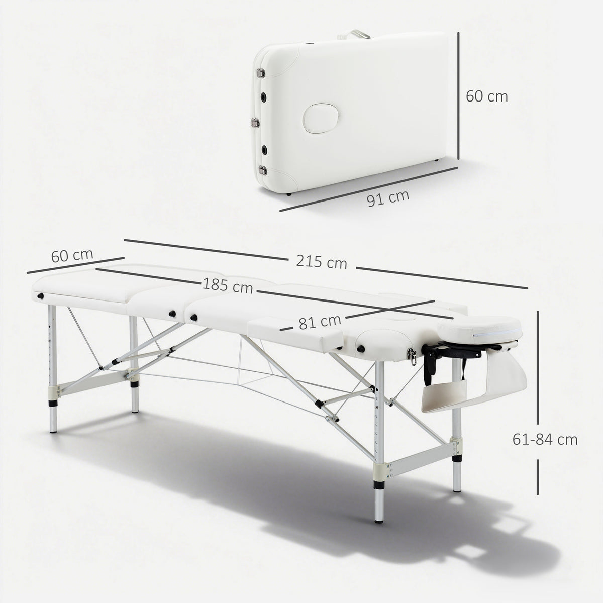 Table de massage 3 zones pliante cosmétique portable charge max. 225 Kg hauteur réglable cadre en alliage blanc
