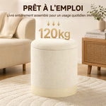 Opbergpoef, ronde hocker van chenille, voetenbankje met metalen onderstel in houtlook, beige