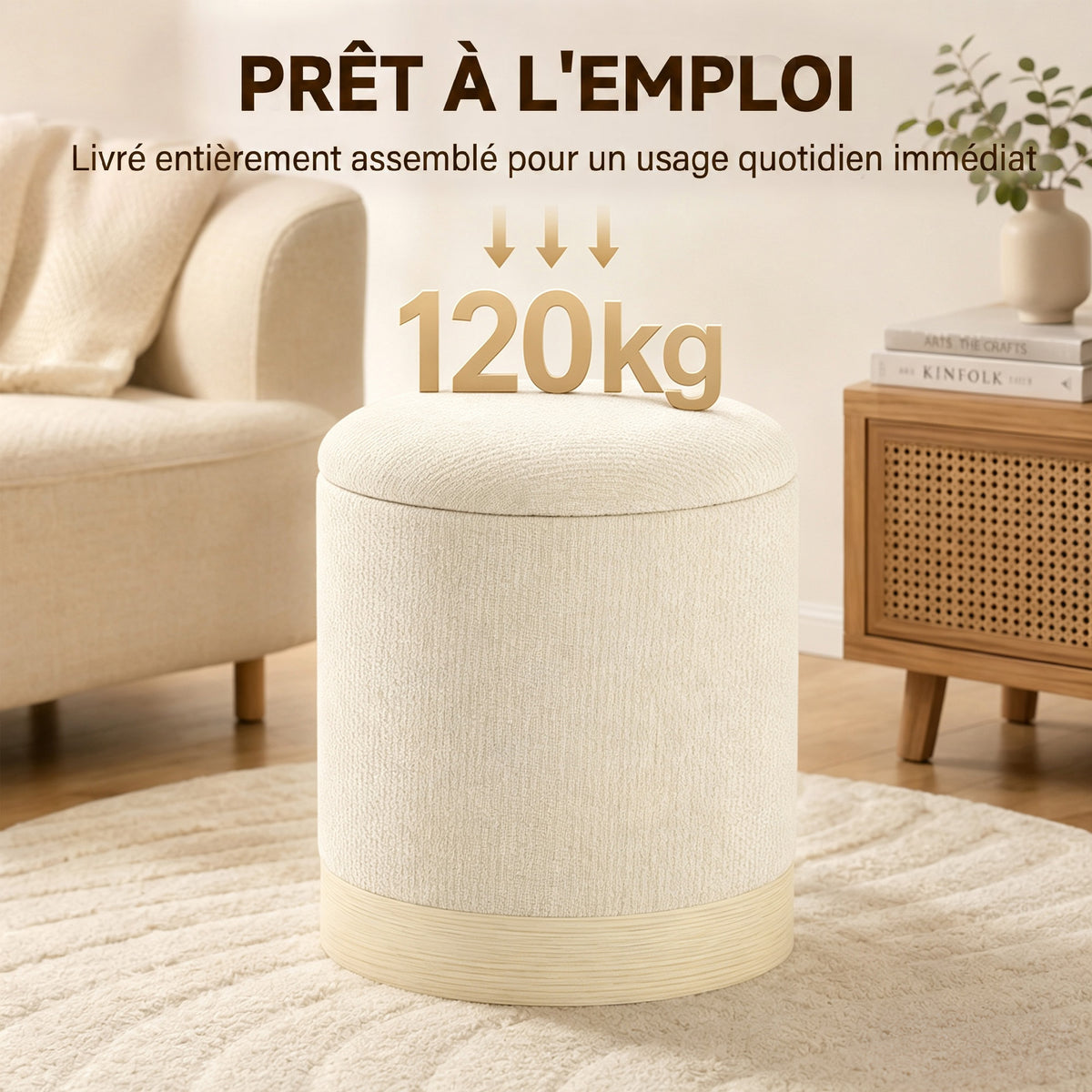 Opbergpoef, ronde hocker van chenille, voetenbankje met metalen onderstel in houtlook, beige